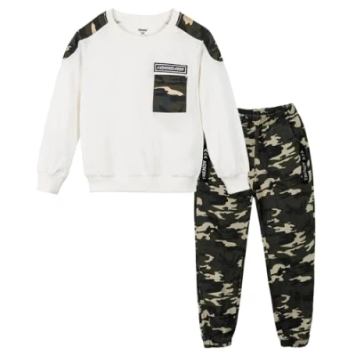 Image of LOLANTA 2PCS Sweatshirt Tracksuit Set, Long Sleeve T Shirt &amp; Camouflage Casual Trousers, Boys Clothes Outfit, 5 6 Years, White, 120
