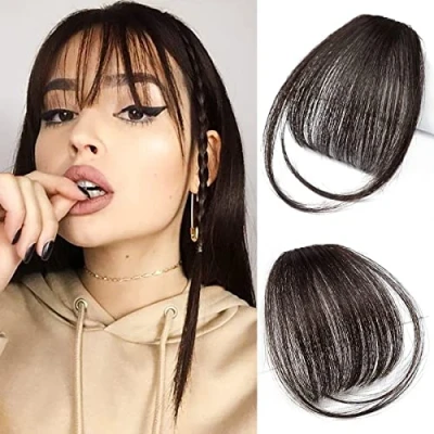 Image of Clip in Bangs Hair Extensions Front on Dark Red Brown Thin Hairpieces for Women (Human Brown)