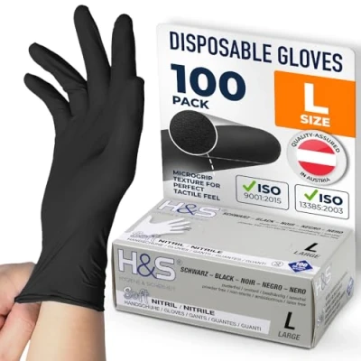 Image of ISC Hygiene &amp; Safety Nitrile Gloves 9 L Large Black Box of 100 Powder Free Latex eudermic Disposable Examination nonsterile ambidextrous Commercial use