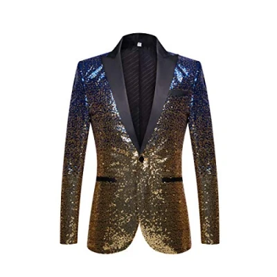 Image of PYJTRL Men Fashion Gradual Change Color Sequins Suit Jacket (Blue Gold, 3XL)
