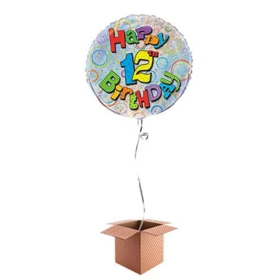 Image of PARTYRAMA.CO.UK Happy 12th Birthday Holographic Round Foil Balloon Inflated in a Box