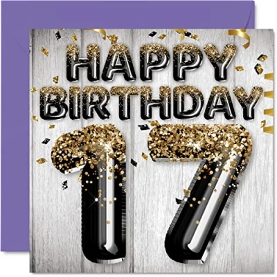 Image of 17th Birthday Card for Boys Black &amp; Gold Glitter Balloons Happy Cards 17 Year Old Boy Son Brother Grandson Cousin, 145mm x Seventeen Seventeenth Greeting Gift