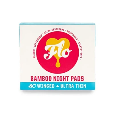 Image of FLO Organic Bamboo Sanitary Pads with Wings, Silky Soft, Ultra Absorbent Biodegradable and Thin Towels Mega Pack Night 80 Count