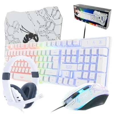 Image of White Gaming Keyboard and Mouse Headset &amp; Pad, Wired LED RGB Backlight Bundle for PC Gamers Users 4 in 1 Edition Hornet RX 250