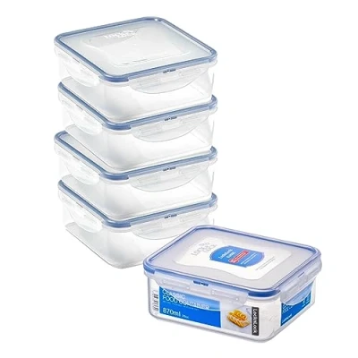 Image of LocknLock Square Food Containers with Lids Set of 5 Plastic Airtight &amp; Watertight Storage Containers, BPA Free Dishwasher Safe, x 870ml