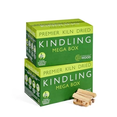 Image of Certainly Wood Kiln Dried British Kindling Mega Box Natural Firelighters For Woodburning Stove, Log Burner, Open Fire Pit, Camping BBQ Pizza Oven. Starters 20KG (2 Boxes)