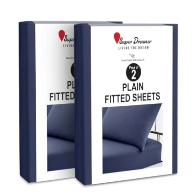 Image of 2 Pack Fitted Sheet Double Deep Pocket 25cm Microfiber Bed (137x193 cm) Wrinkle &amp; Fade Resistant Elastic Corners Breathable Easycare Bottom Navy