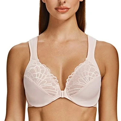 Image of MELENECA Front Fastening Bras for Women Plus Size Underwire Unlined Lace Cup Cushion Strap Soft Pink 36C