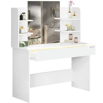 Image of CASARIA® Lucia Dressing Table with Large Mirror, LED Illuminated 3 Compartment Drawer &amp; 4 Open Shelves Ideal For Hair Make Up Cosmetics Contemporary Dresser 140x110x40cm White