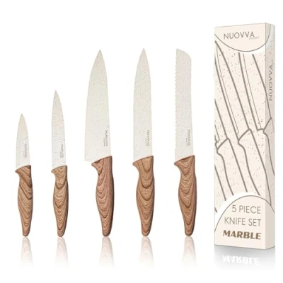 Image of nuovva Professional Kitchen Knife Set 5pcs Cream Granite Knives Stainless Steel Non Stick Blades Chefs, Filleting, Bread, Paring and Utility