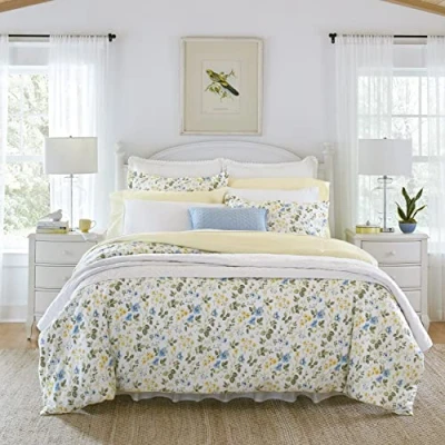 Image of Laura Ashley Home King Duvet Cover Set, Cotton Sateen Reversible Bedding with Matching Shams, All Season Decor (Meadow Floral Blue, King)
