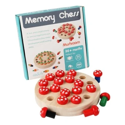 Image of Memory Board Game, Mushroom Chess Game for Kids, Montessori Educational Wooden Toys, Training Logical Thinking Cognitive Christmas Birthday Gift Boy Girl Aged 3 4 5 6 Year Olds