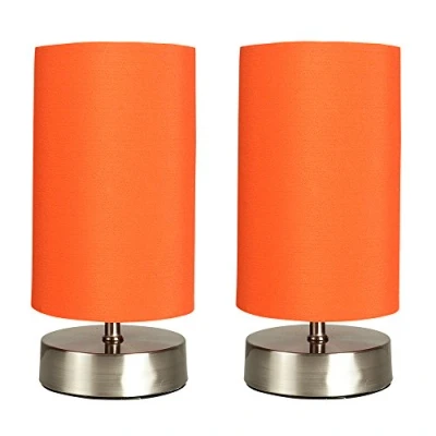 Image of Pair of Modern Chrome Touch Dimmer Bedside Table Lamp with Orange Cylinder Light Shade