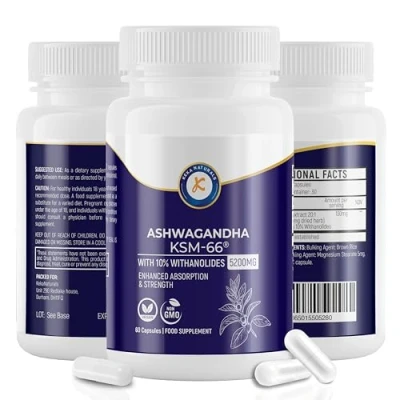 Image of Ashwagandha KSM 66 5200mg 10% Withanolides Enhanced Absorption and High Strength All Natural, Non GMO 60 Vegan Capsules