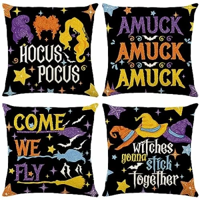 Image of Halloween Decorations Pillow Covers 18x18 Set of 4 Decor Hocus Pocus Funny Alphabet Print Farmhouse Sofa Bed Throw Cushion Fall Covers(Black)