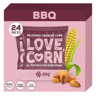 Image of LOVE Corn BBQ Crunchy Snack 20g x 24 Bags Healthy Snacks Ideal for Gluten Free &amp; Vegan Diets Low Sugar Alternative Crisps, Mixed Nuts Pretzels Perfect To Graze On