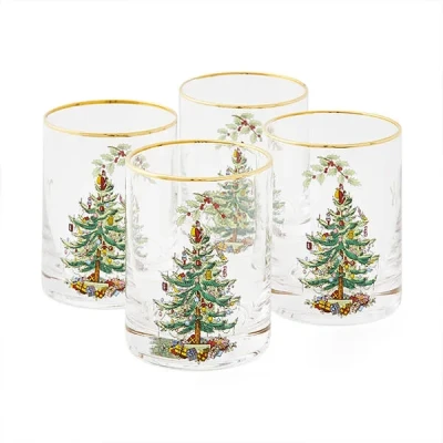 Image of Spode Christmas Tree 14 Oz Glasses with Gold Rims (Set of 4) (Clear,4 Count (Pack 1))