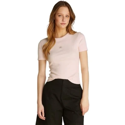 Image of Calvin Klein Women’s Short Sleeve Woven Label Slim Fit Rib T Shirt, Pink (Silver Peony), S