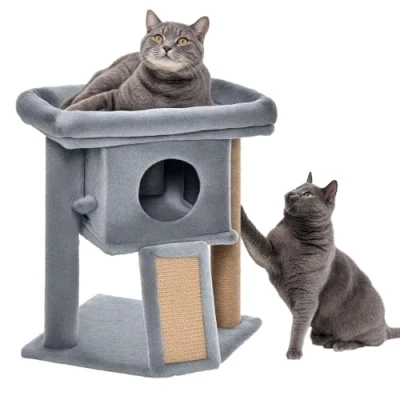 Image of PawHut Cat Tree Tower for Indoor Cats Scratching Post Climbing Activity Centre w/Jute Pad, Toy Ball, House Grey