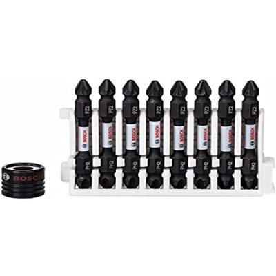 Image of Bosch Professional 9 Piece Double Screwdriver Bit Set (Impact Control, 8 x PH2 PZ2 Bits Length: 65 mm and Magnetic Sleeve, Pick Click)