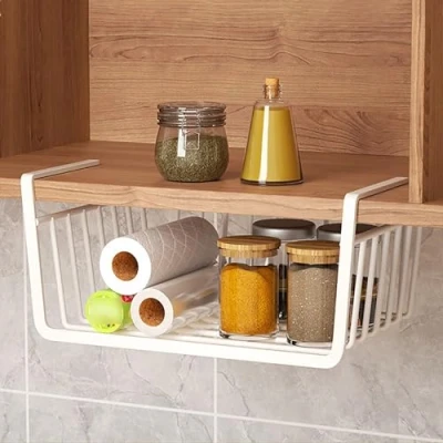 Image of Kitchen Hanging Basket, Metal Under Cabinet Storage Organiser, Cupboard Baskets, All Purpose Basket for Desk, Bathroom, Pantry, White, 27 x 25 14 cm
