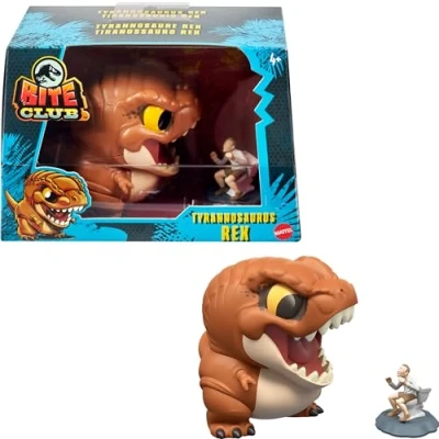 Image of Mattel Jurassic World Bite Club Collectible Figure, Tyrannosaurus Rex Chubby Stylized Dinosaur Approx 4 Inch Figure with Accessory