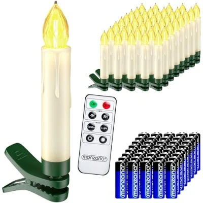 Image of MONZANA® 40x Battery Operated LED Christmas Tree Candle Lights Realistic Warm White Candles Pack with Batteries Included Remote Control Wireless Dimmable Timer Clip On Decorations