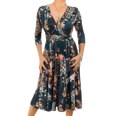 Image of Blue Banana Women&#039;s Printed V Neck Fit &amp; Flare Knee Length Dress Dark Teal Floral Size 16
