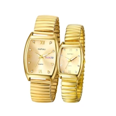 Image of JewelryWe Rectangular Elastic Couple Watches: Analog Quartz Movement Calendar Exquisite Fashion Watch Stainless Steel Strap for Men/Women Valentine&#039;s Day