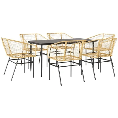 Image of vidaXL 7 Piece Garden Dining Set Brown Poly Rattan Glass