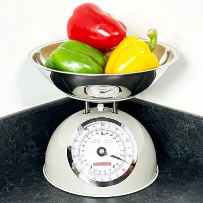 Image of Kitchen Scales With Bowl Steelex Glossy Metal Retro Mechanical Food Weighing (Cream)