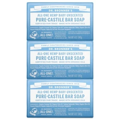 Image of Dr. Bronner&#039;s Pure Castile Bar Soap Baby Unscented, 5oz. Bars (Pack of 3)