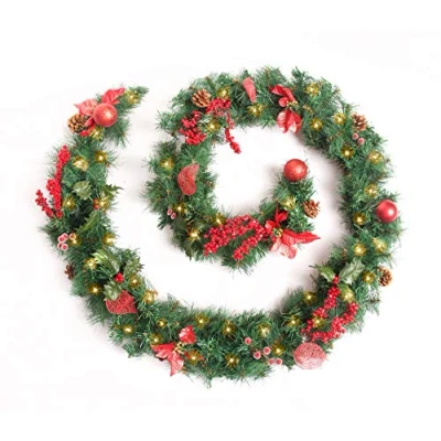 Image of Best Artificial 9ft Red Decorated Christmas Garland with 80 Warm White LED Battery Lights