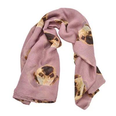 Image of World of Shawls Pug Dog, Dachshund Dogs, Spaniel Dog Print Scarf All Seasons Lovely Soft Wraps Shawl Scarves (Pug Dusky Pink)