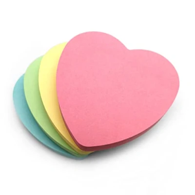 Image of Evergreen Goods Heart Shaped Sticky Post Notes Removable Adhesive Assorted Colours (Yellow, Pink, Blue, Green) 100 Sheets per pad 76x76mm (3&quot;x3&quot;) (4 Pads, Pastel Hearts)