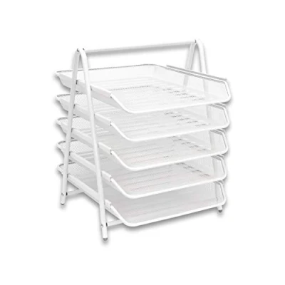Image of OSCO White Wire Mesh 5 Tier Letter Tray A4 Desk File Organiser Paper Storage Office Document Sorter Paperwork Filing Easy Assembly H37.3 x W29.5 D34.0 cm