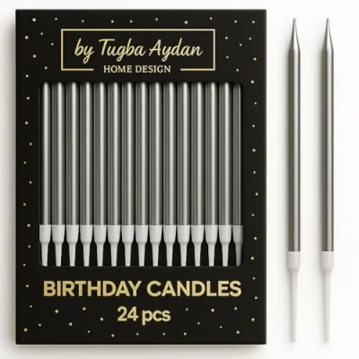 Image of by Tugba Aydan 24 Count Long Thin Silver Birthday Candles, Metallic Cake Candle for Birthday, Party Candles