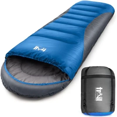 Image of Trail Alpine 400 Hooded Sleeping Bag, 3 to 4 Season Extra Warm Double Quilted 400gsm Hollowfibre Filling, Snug Drawcord Hood, Full Length 2 Way Zipper, Single Adult, Lightweight with Bag (Blue)