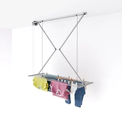 Image of foxydry Mini, Ceiling Mounted Pulley Clothes Airer, Drying Rack, Vertical Folding Laundry Rack in aluminium and steel 59.84x21.2x9.84 (Grey, 150)