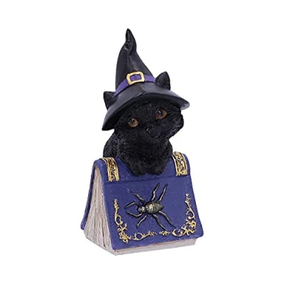 Image of Nemesis Now Pocus Small Witches Familiar Black Cat and Spellbook Figurine, Purple, 12.7cm