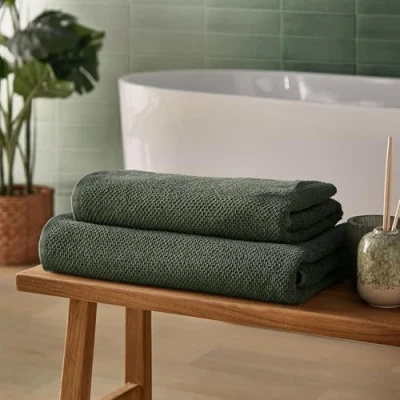 Image of Silentnight Popcorn Waffle Hand Towel Pair Super Soft &amp; Absorbent Spa Like Towels 100% Cotton BCI Textured Quick Drying 90 x 50cm Machine Washable, Green, 2 Pack