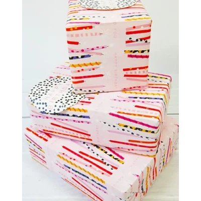 Image of Wrapping Paper 12364A&quot;Birthday Candles&quot; Gift Wrap Pack with 2 Sheets &amp; Tags, Plastic Free FULLY RECYCABLE, Multicoloured
