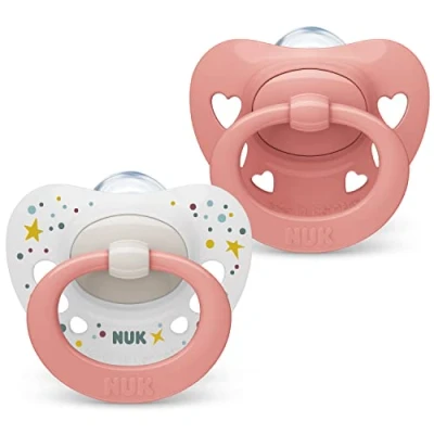 Image of NUK Signature Baby Dummy 0 6 Months Soothes 95% of Babies Heart Shaped BPA Free Silicone Soothers Includes Case Pink Hearts 2 Count