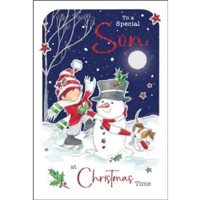 Image of Son Christmas Card Special Boy and Snowman Artistic Festive Design Finishes Illustrated Insert Leaf Made in the UK