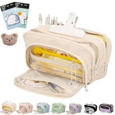 Image of Big Capacity Pencil Case, Beige Large Pouch, Pouch Organizer, 3 Compartments Simple Storage Aesthetic Case (Beige)