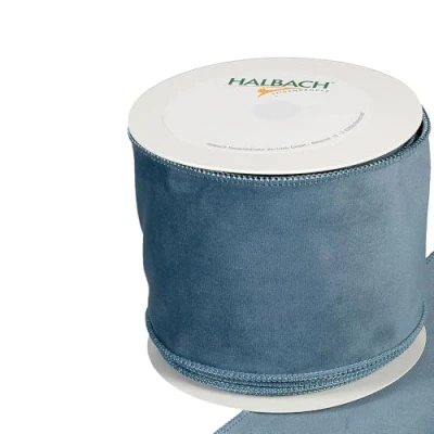 Image of FloristryWarehouse Dusky Blue Christmas Velvet Fabric Ribbon 100mm (4&quot;) Wide on 8m/9yd roll Wired Edge