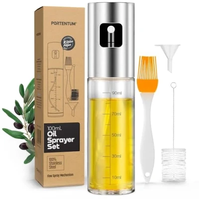 Image of PORTENTUM Oil Spray Bottle 100ml Stainless Steel Olive Dispenser, Leakproof with Accessories Sprayer for Cooking, BBQ, Salad and Air Fryer