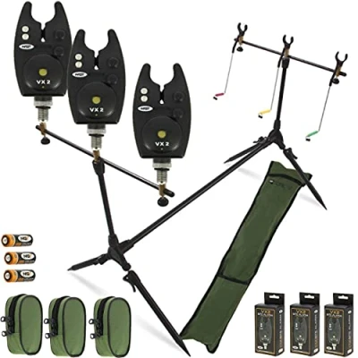Image of angling pursuits NEW NGT CARP FISHING MULTI ROD POD WITH SWINGERS + 3 VX2 Bite Alarms Batteries