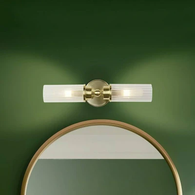 Image of Imperial 2 Light Wall Lamp, Satin Brass Metal &amp; Clear Ribbed Glass