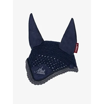 Image of LeMieux Mini Fly Hood in Indigo with Soft Lycra Ears Close Knit Crochet Comfortable Fit Equestrian Mask Sport Horse Wear